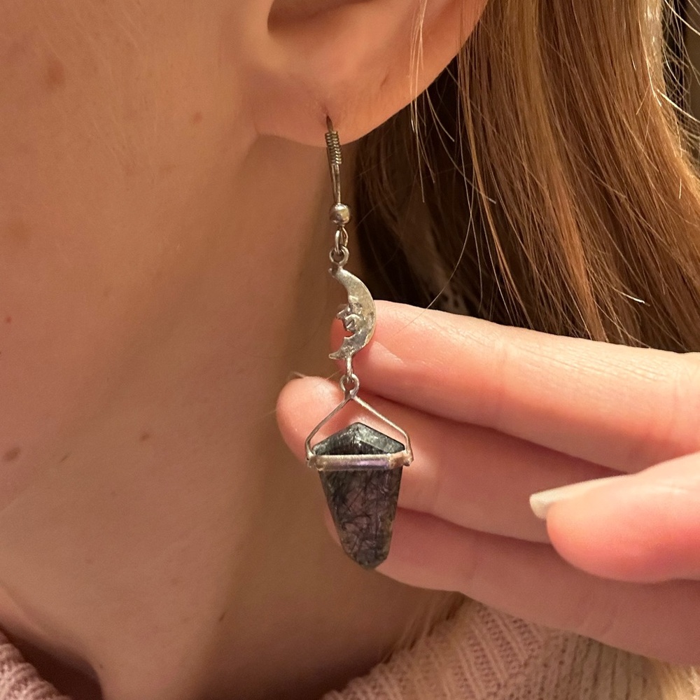925s Silver Tourmalinated Quartz  & crescent moon Earrings